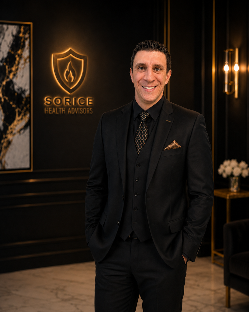 Matthew Sorice in front of the Sorice Health Advisors backdrop